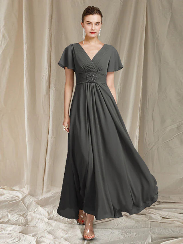 Wholesale A-Line Mother of the Bride Dress Elegant V Neck Ankle Length Chiffon Short Sleeve with Pleats Beading